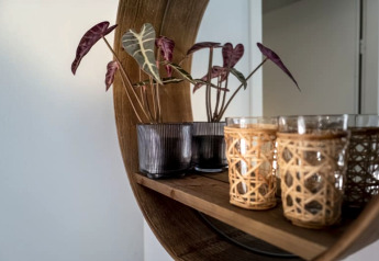 Sfeervolle lodge-inrichting met kamerplant in pot en glazen met gevlochten omhulsel op houten plank.