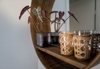 Decoración acogedora de lodge con planta en maceta y vasos forrados de mimbre sobre estante de madera.