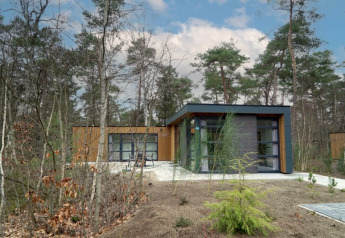 Moderne lodge met grote ramen midden in het bos, buitenaanzicht op een zonnige dag met blauwe lucht.