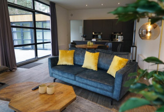 Modern lodge living room with large windows, a blue sofa with yellow pillows, and kitchen in the back.