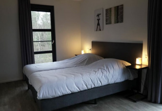 Cozy lodge bedroom with twin beds, bedside tables and lamps, modern decor, and a window view outside.