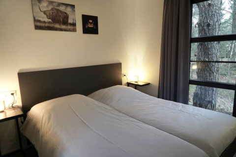 Gemütliches Schlafzimmer in einer Lodge mit zwei Einzelbetten, großen Fenstern und Waldblick draußen.