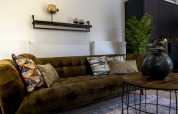 Modern lodge living room with green velvet sofa, decorative pillows, shelf, large plant, and round table.