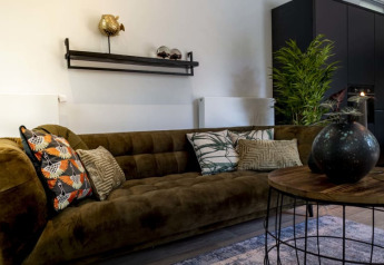 Modern lodge living room with green velvet sofa, decorative pillows, shelf, large plant, and round table.