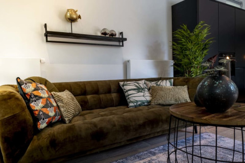 Sala moderna de lodge con sofá verde, cojines decorativos, mesa redonda y planta grande en la esquina.