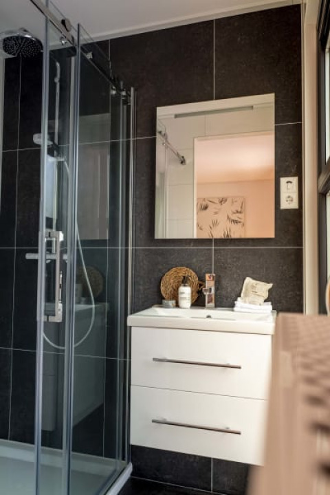 Modernes Badezimmer in einer Lodge mit Glastür-Dusche, dunklen Fliesen, Waschbecken und Spiegel.