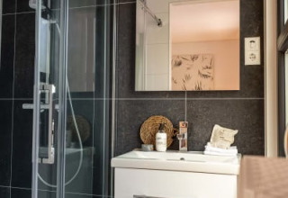 Modernes Badezimmer in einer Lodge mit Glastür-Dusche, dunklen Fliesen, Waschbecken und Spiegel.