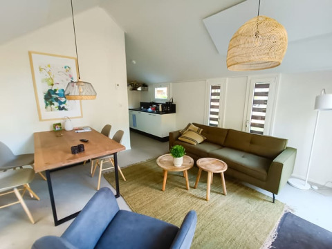 Intérieur de lodge moderne avec salon ouvert, canapé vert, coin repas, tables en bois et lampes en osier.