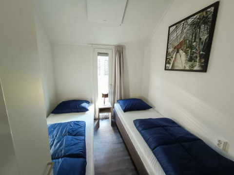 Habitación acogedora en un albergue con dos camas individuales, ropa de cama azul, ventana y cuadro.