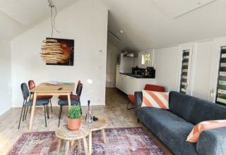 Interno di un lodge moderno e luminoso con tavolo da pranzo, cucina, divano e cuscini decorativi su pavimento in legno.