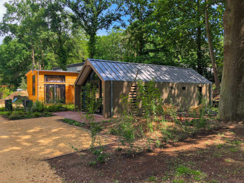 Een foto genomen bij een lodge in het bos met twee moderne huisjes, omringd door groene bomen en paadjes.