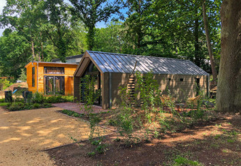 Een foto genomen bij een lodge in het bos met twee moderne huisjes, omringd door groene bomen en paadjes.