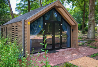 Moderna cabaña de madera con grandes puertas de cristal, rodeada de vegetación y árboles en el bosque.