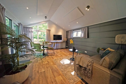 Modernes Lodge-Wohnzimmer mit grünen Stühlen, großen Fenstern, Holzboden und Pflanzen.
