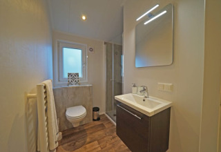 Baño moderno en una cabaña con inodoro suspendido, ducha, lavabo, espejo con luz y suelo de madera.
