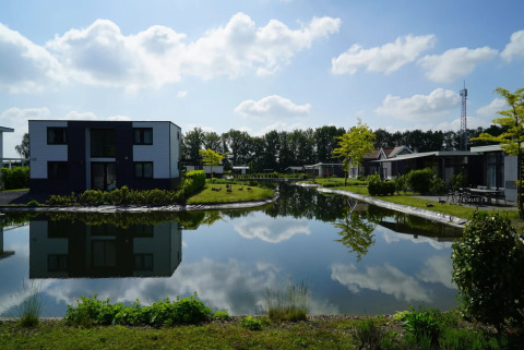 Een vakantiepark met moderne glamping accommodaties aan het water, omgeven door bomen en groen.