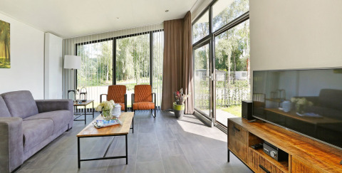 Moderne woonkamer in Lodge Grand Modern op Holiday Park De Lochemse Berg, met grote ramen en stijlvolle inrichting.