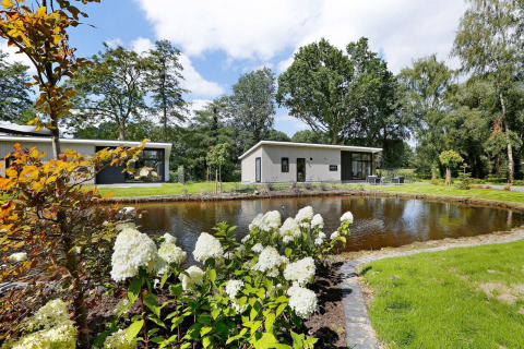 Moderne lodge met terras aan een vijver, omgeven door groen op Holiday Park De Lochemse Berg, Nederland.