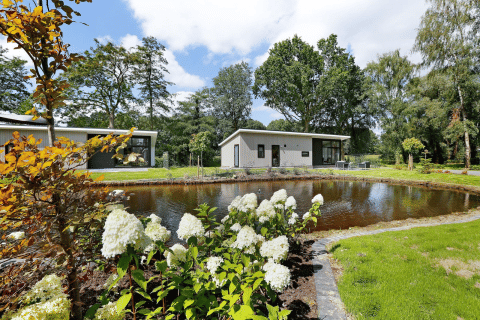 Lodge moderno con terraza junto a un estanque, rodeado de jardines verdes en De Lochemse Berg, Países Bajos.