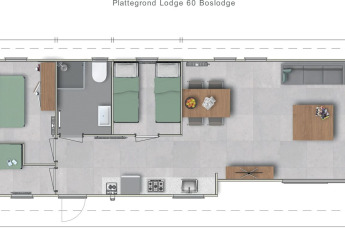 Plattegrond van Lodge Grand Modern bij Holiday Park De Lochemse Berg met drie slaapkamers en woonkamer.