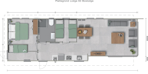 Plattegrond van Lodge Grand Modern in Holiday Park De Lochemse Berg met drie slaapkamers en leefruimte.