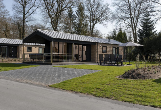 Lodge moderno en Holiday Park De Lochemse Berg, Países Bajos, con terraza, muebles de jardín y área verde.