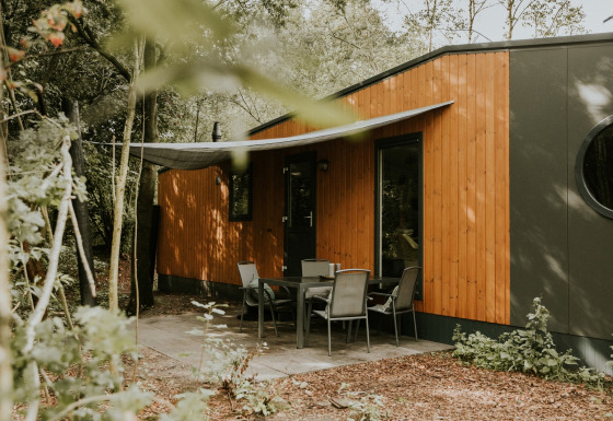 Vista exterior de Happy Bee Lodge con revestimiento de madera y patio, Camping Si-Es-An en los Países Bajos.