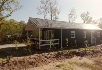 Forest lodge mit dunkler Fassade und Satteldach in waldreicher Umgebung, junge Bäume im Vordergrund.