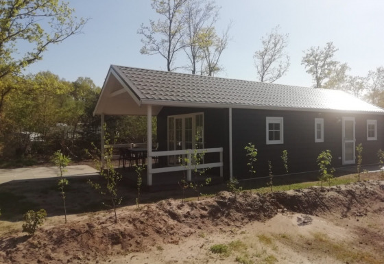 Forest lodge met een zwarte gevel en witte accenten, overdekte veranda en jonge bomen in het bos.