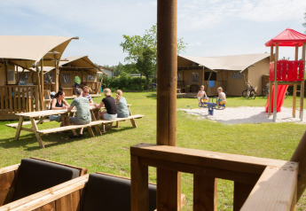 Adulti seduti a un tavolo da picnic con bambini che giocano davanti a tende safari al Camping 't Veld.