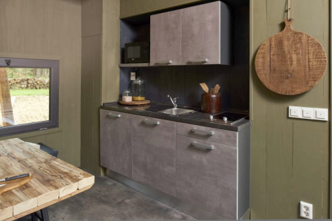 Modern compact lodge kitchen with gray cabinets, wood table, and round wooden board on olive wall.