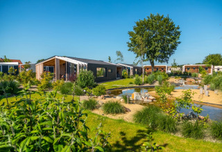 Billede af feriepark med luksushytter, omkranset af grønne omgivelser og en lille dam under klar himmel.