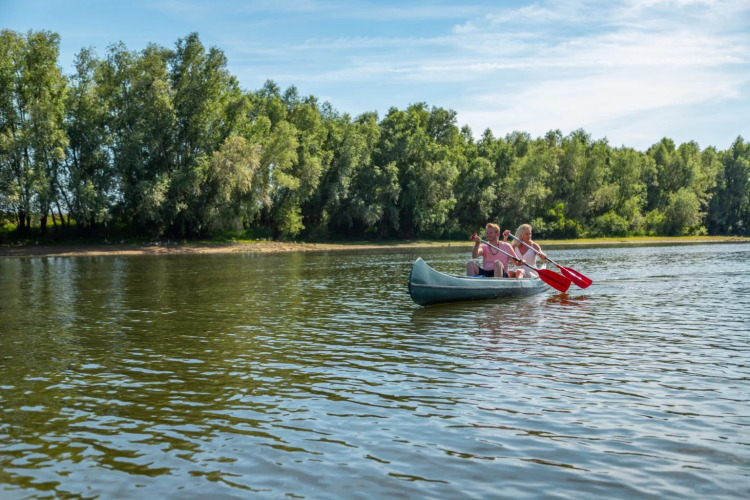 Two people canoeing on a peaceful lake beside trees, ideal for glamping accommodation at a holiday park.