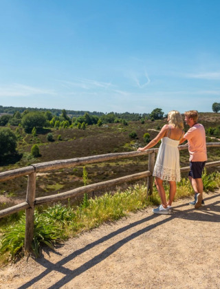Una pareja disfruta del paisaje desde una valla en un parque vacacional con glamping en un día soleado.