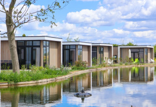 Cabañas modernas de glamping junto a un estanque en un parque vacacional rodeado de naturaleza y cielo azul.