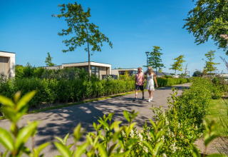 Par spadserer på sti omgivet af grønne planter og moderne glampinghytter i feriepark under blå himmel.