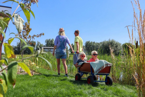 Famiglia in vacanza glamping, genitori trainano bambini in un carretto sul prato al sole.