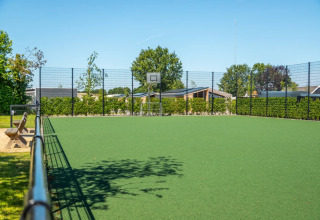 Fodbold- og basketballbane på en feriepark med grønne omgivelser og glampinghytter i baggrunden.