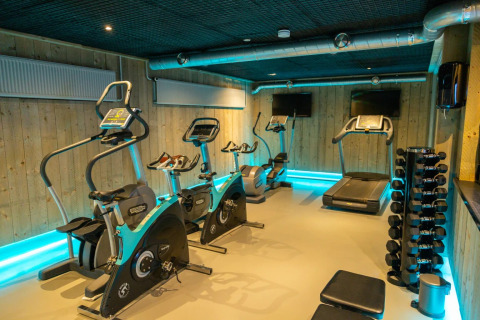 Gimnasio moderno en un parque vacacional de glamping con caminadoras, bicicletas y pesas disponibles.