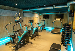 Modern gym at a glamping holiday park, equipped with treadmills, bikes, dumbbells and neon ceiling lights.