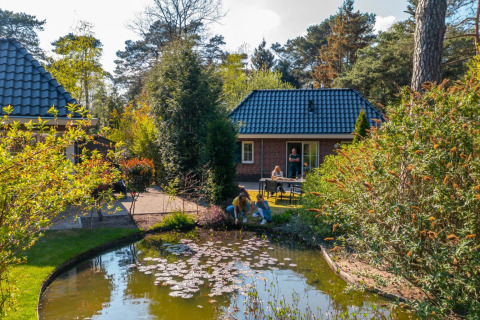 Familie nyder ferie ved dam foran hyggelige glamping-hytter i en grøn feriepark med træer og natur.