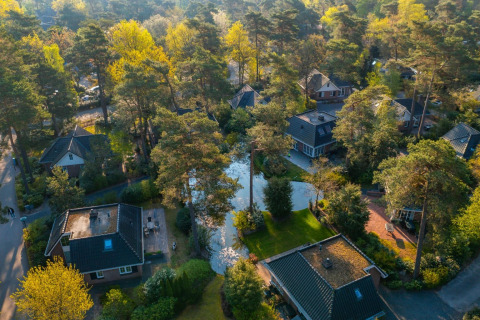 Luchtfoto van een vakantiepark met glamping accommodaties, omgeven door bomen en veel groen.