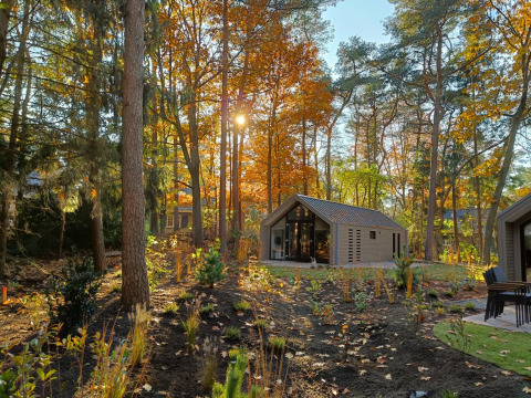 Moderne glamping-lodge in een vakantieparkbos, omgeven door herfstbomen en zonlicht.