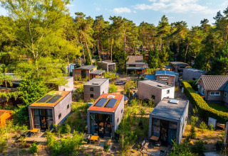 Luchtfoto van een vakantiepark met glampingunits, omgeven door veel groen en bosrijke natuur.