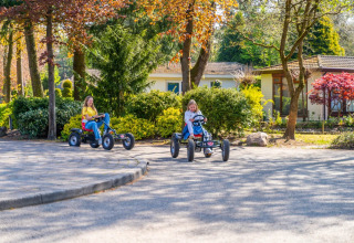 Twee kinderen rijden met gocarts langs glamping-accommodaties in een vakantiepark vol bomen en struiken.