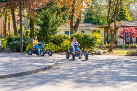 Two children ride go-karts in front of glamping cabins at a holiday park surrounded by trees and plants.