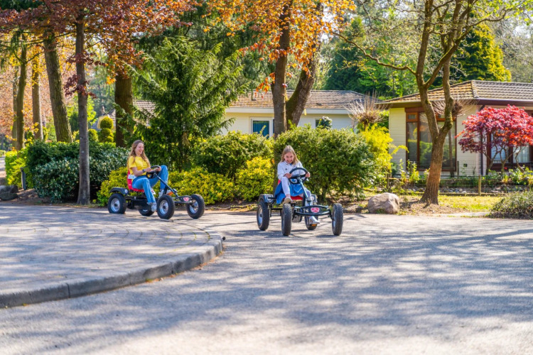 Zwei Kinder fahren Go-Karts vor Glamping-Unterkünften in einem Ferienpark mit viel grüner Natur.