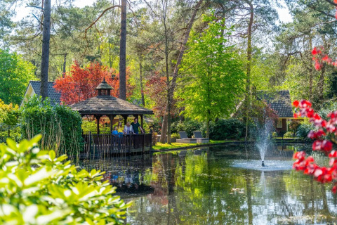 Glorieta junto al lago y fuente en un parque vacacional con glamping, rodeado de árboles y plantas coloridas.