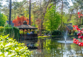 Havepavillon og springvand ved en dam i en feriepark med glamping, omgivet af træer og farverige planter.
