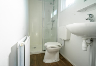 Foto de un baño moderno en una cabaña, equipado con ducha, inodoro y lavabo sobre piso de madera.